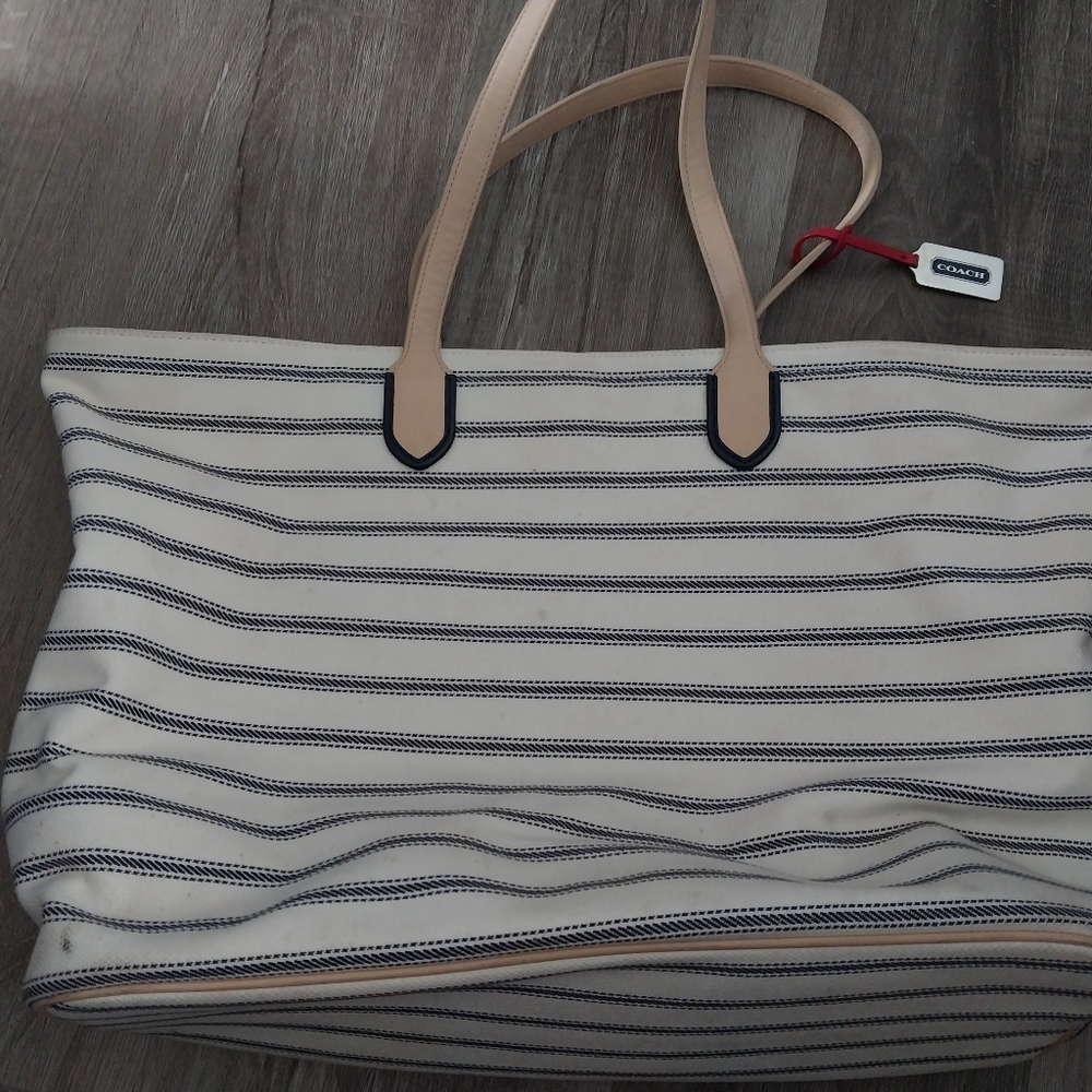 Coach "St. James" LEGACY Red Cream Blue XX Large Canvas Nautical Striped Tote - Picture 6 of 14